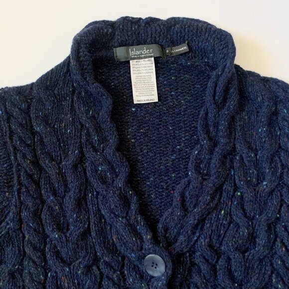 Irelands Eye Islander Wool Cashmere Horseshoe Cable Knit Cardigan Navy Blue Cozy - Picture 5 of 12